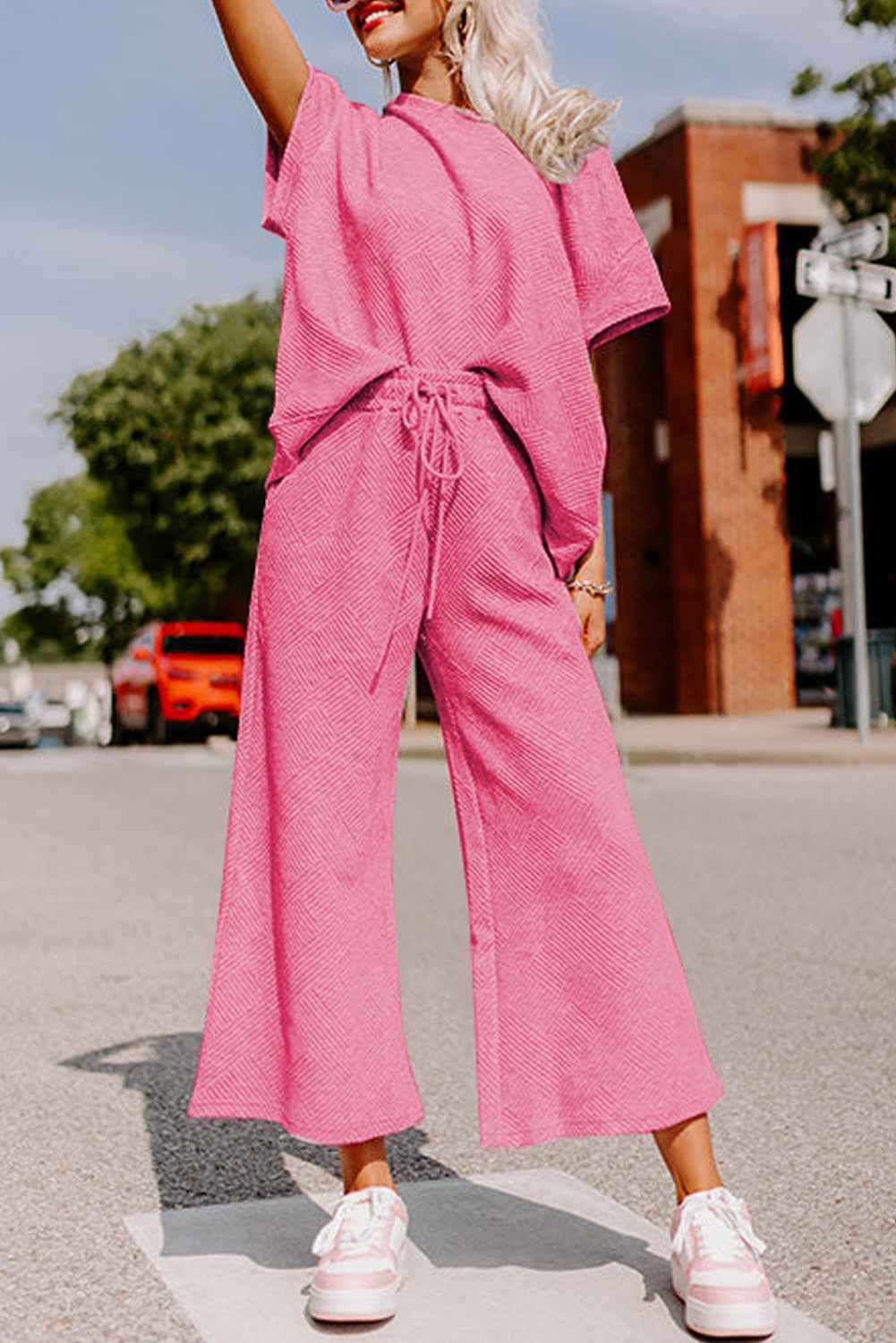 Strawberry Pink Textured Loose Fit T Shirt and Drawstring Pants Set by Wild and Free Boutique