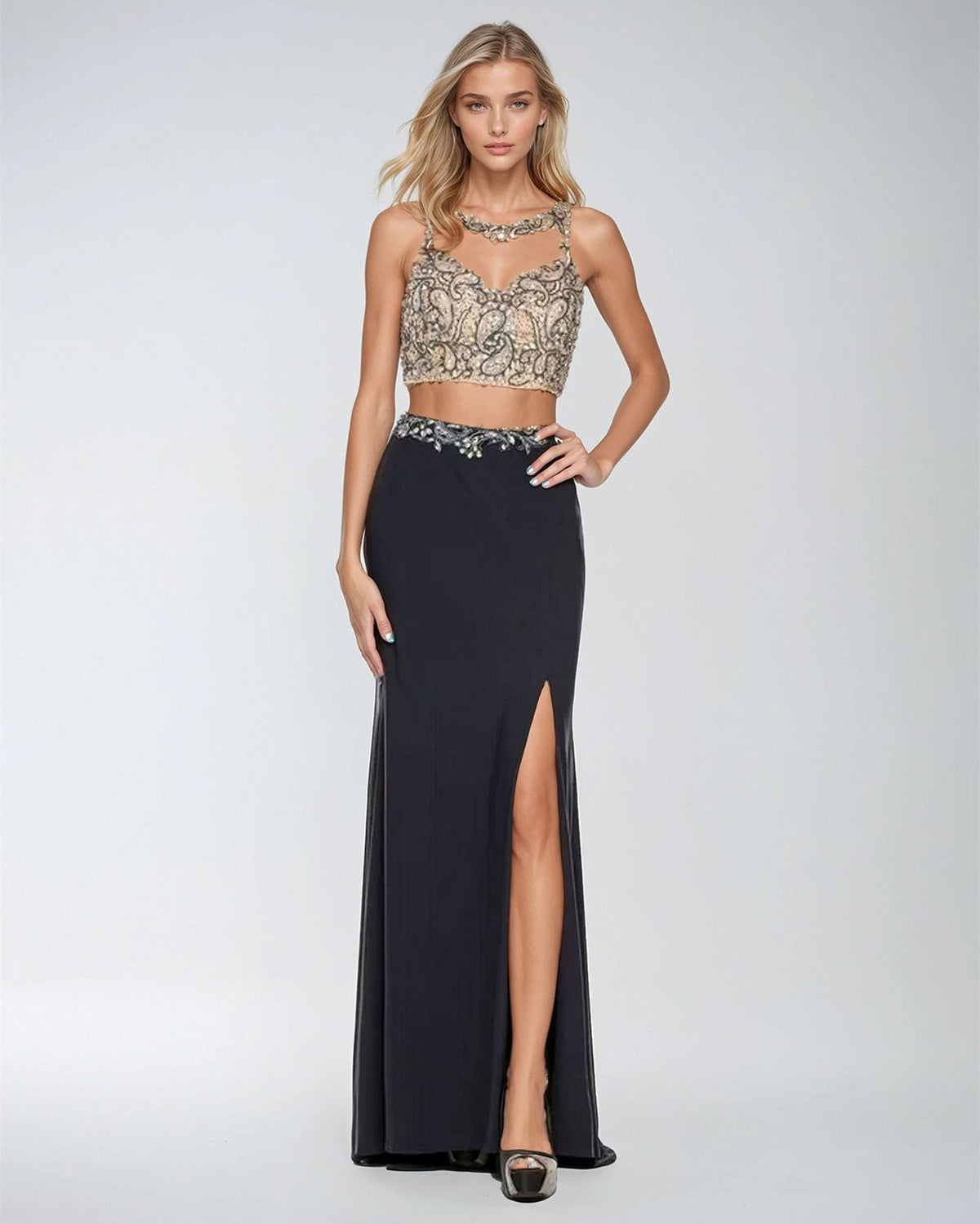 Juliet 595 Sexy Front Slit 2-Piece Dress Beads Illusion Neck by DiscountDressShop