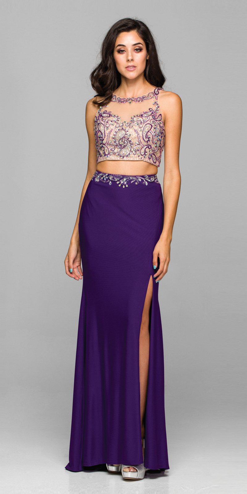 Juliet 595 Sexy Front Slit 2-Piece Dress Beads Illusion Neck by DiscountDressShop
