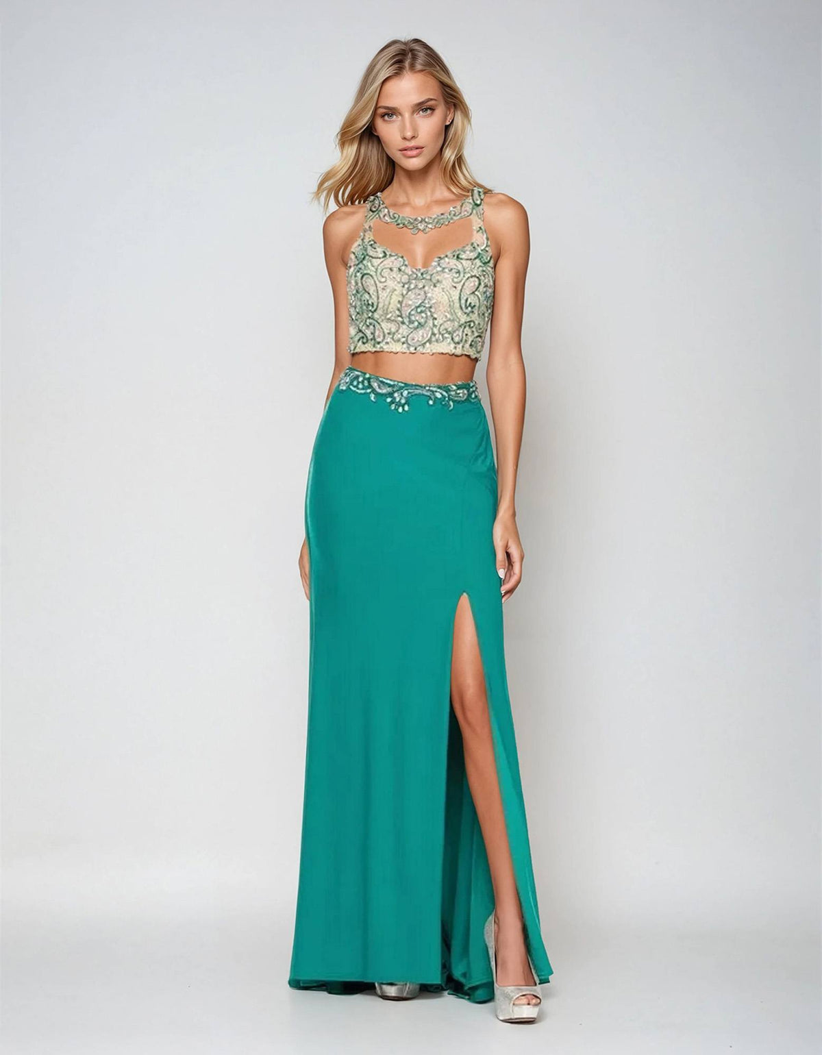 Juliet 595 Sexy Front Slit 2-Piece Dress Beads Illusion Neck by DiscountDressShop