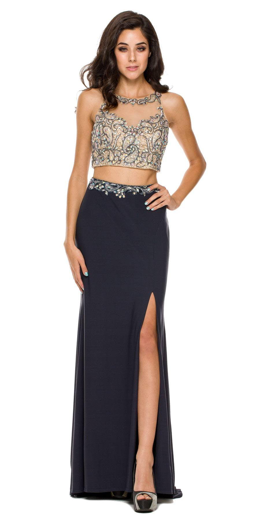 Juliet 595 Sexy Front Slit 2-Piece Dress Beads Illusion Neck by DiscountDressShop