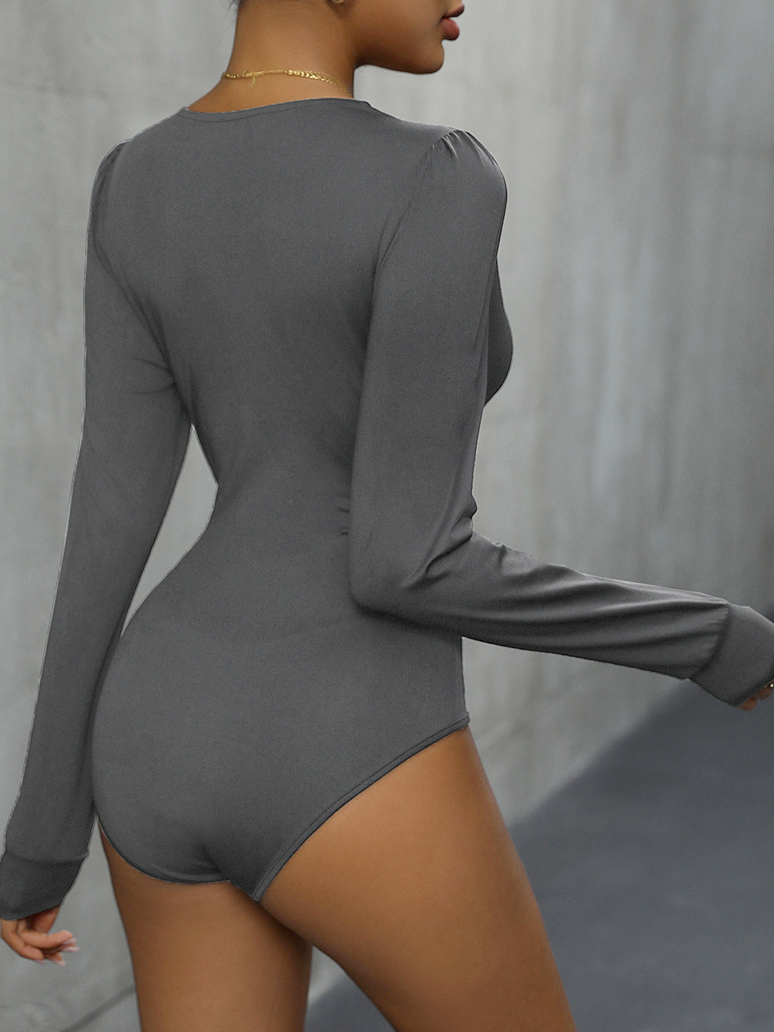 Perfee Lace Detail Plunge Long Sleeve Bodysuit by Wild and Free Boutique