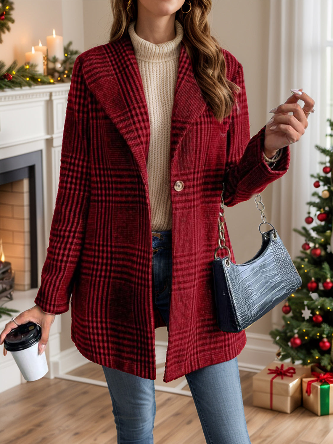 Plaid Collared Neck Long Sleeve Jacket by Wild and Free Boutique
