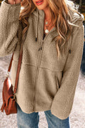Pale Khaki Fleece Zip Up Drawstring Hooded Pocketed Jacket by Wild and Free Boutique