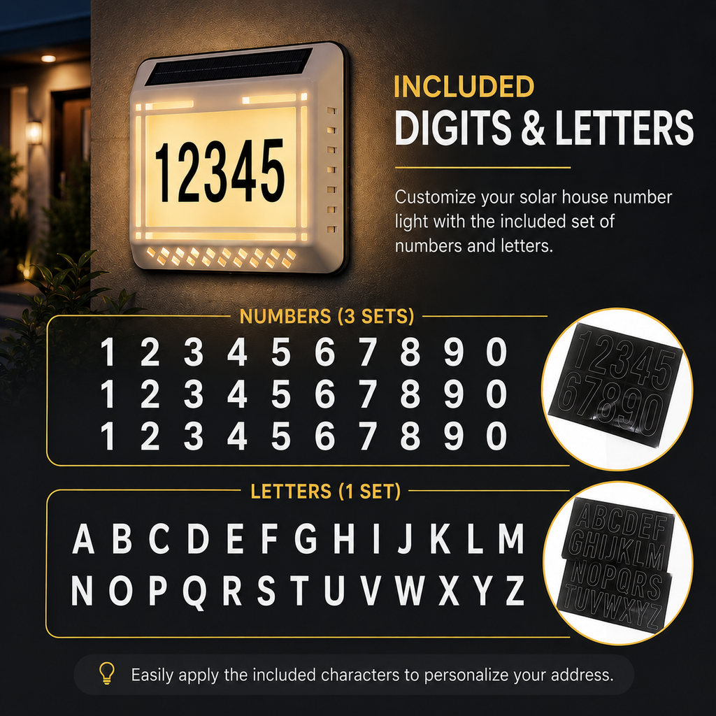 Solar LED Address Sign – Waterproof House Number Plaque, Customizable Numbers & Letters, Auto Dusk-to-Dawn Light, 8.1 x 6.9 Inches by Infinite Basics