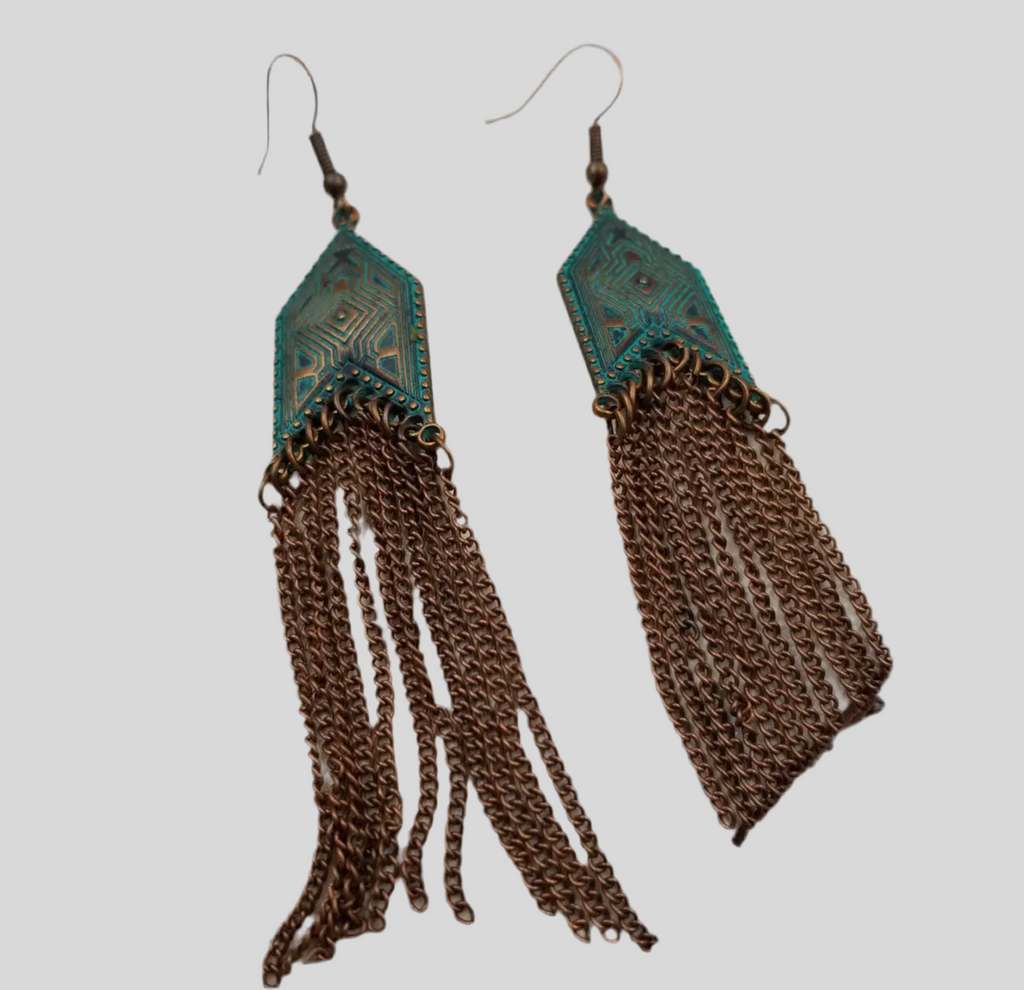 Boho Patina Geometric Fringe Earrings by Sacred Scents Sanctuary