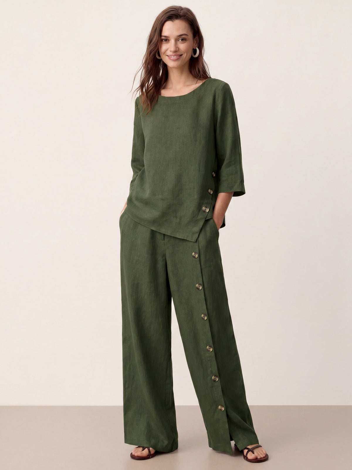 100% Linen Buttoned Slit-Hem Pants KATYA by LINTICO