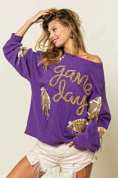 BiBi Sequin Football Patches Game Day Sweatshirt by Wild and Free Boutique