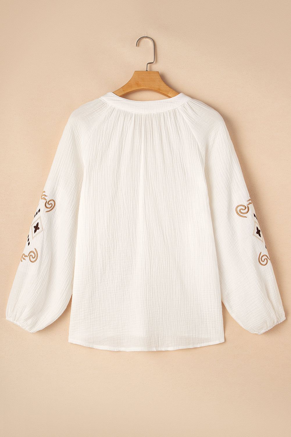 White Embroidered Textured Buttoned Crew Neck Shirt by Wild and Free Boutique