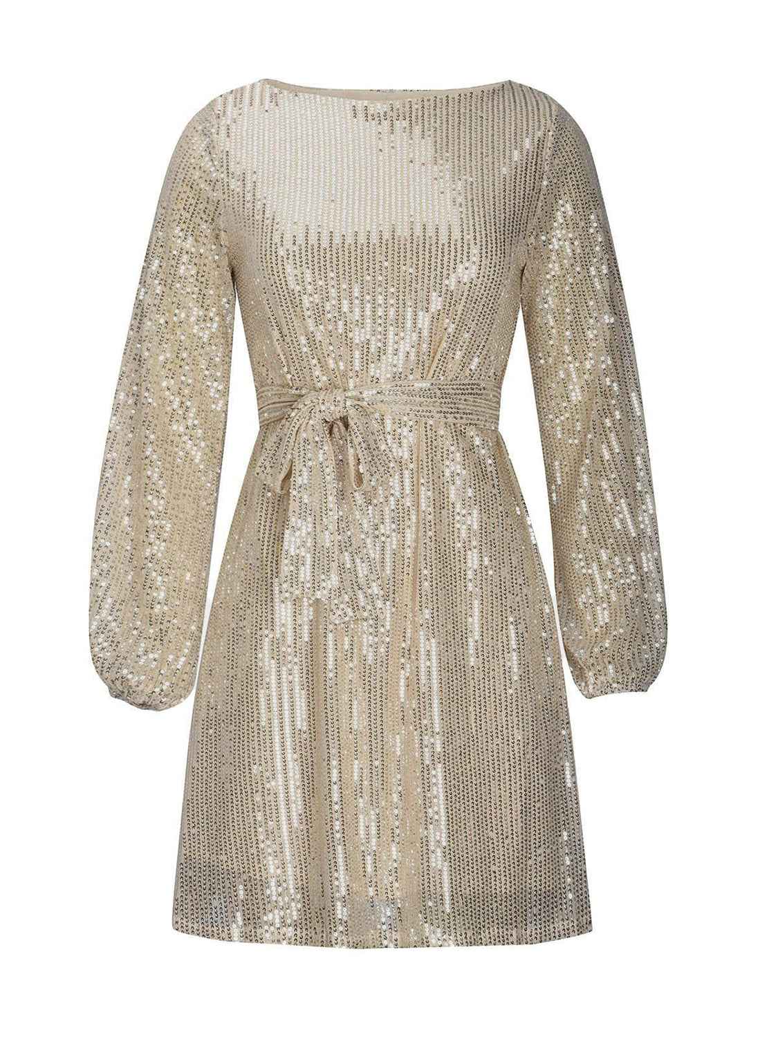 Sequin Tie Waist Long Sleeve Mini Dress by Wild and Free Boutique