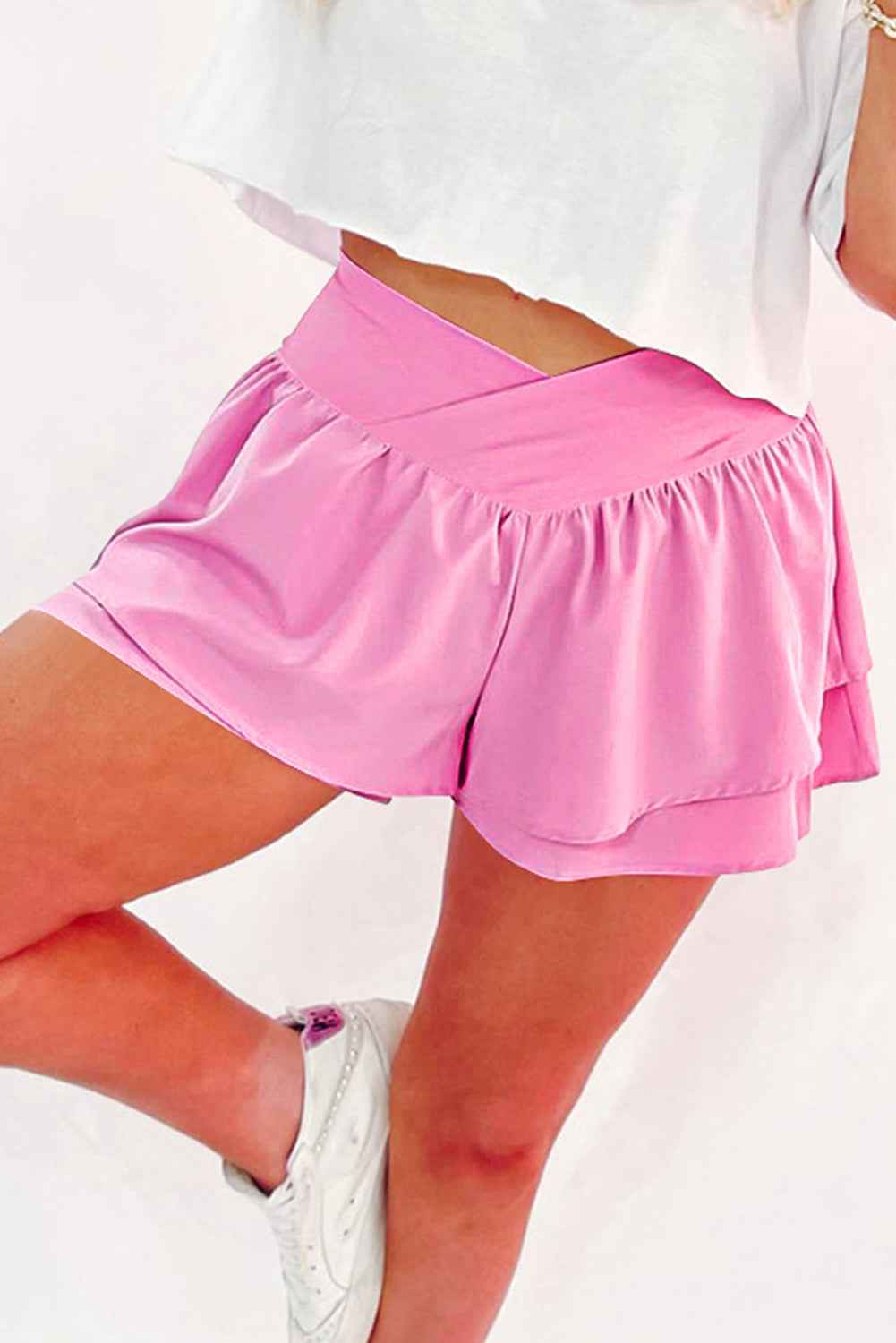 Bright Pink Crossed Waist Tiered Flowy Shorts by Wild and Free Boutique