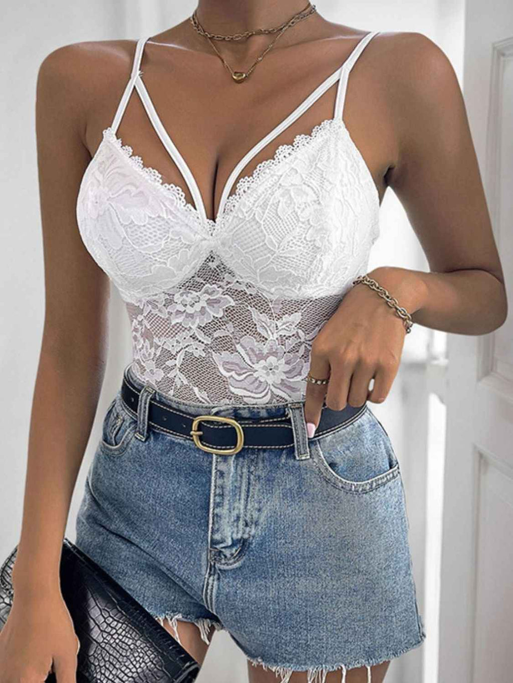 Perfee Spaghetti Strap Lace Bodysuit by Wild and Free Boutique