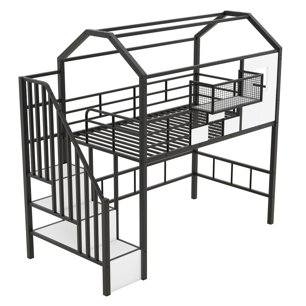 Metal Loft Bed With Roof Design And Storage Box With Guardrails And Integrated Ladder by Unique Piece Furniture