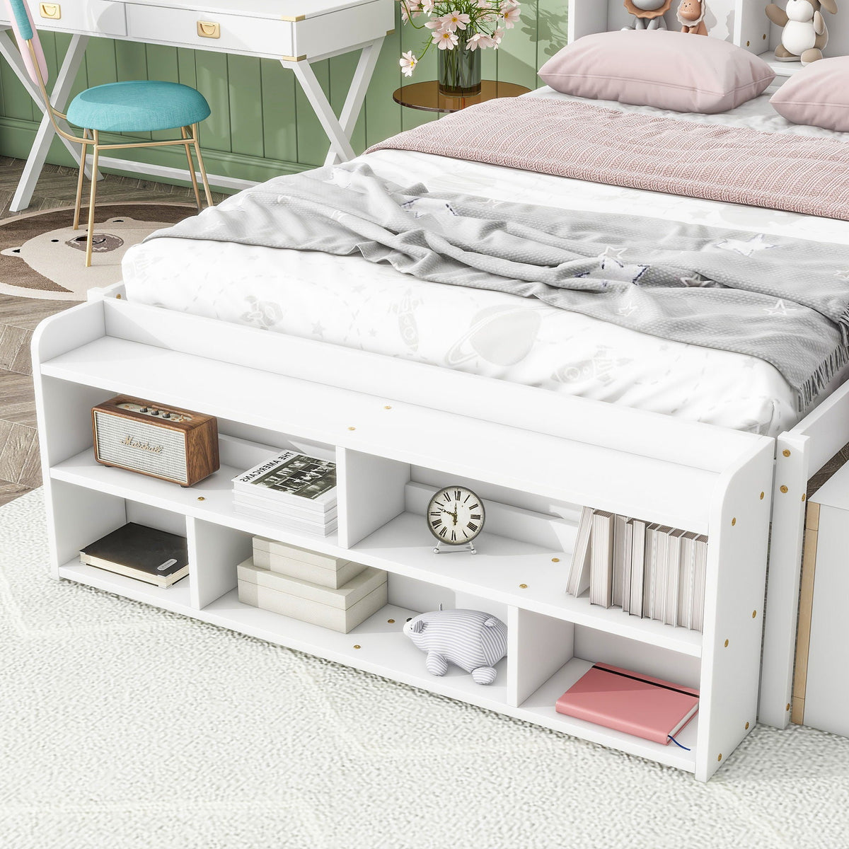 Bed With Bookcase Headboard, Under Bed Storage Drawers And Bed End Storage Case by Unique Piece Furniture