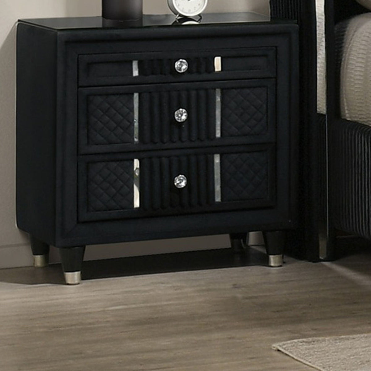 1 Piece Nightstand Upholstery Textured Look Luxurious Feel Drawer Fronts Crystal Style Knobs - Black by Unique Piece Furniture
