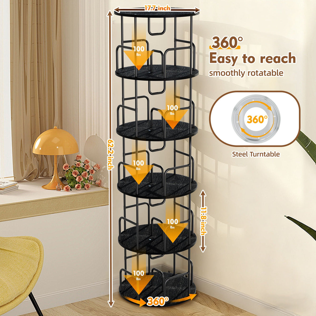 Rotating Bookshelf Tower 5 Tier Spinning 360 Degree Revolving Storage Shelf by Unique Piece Furniture