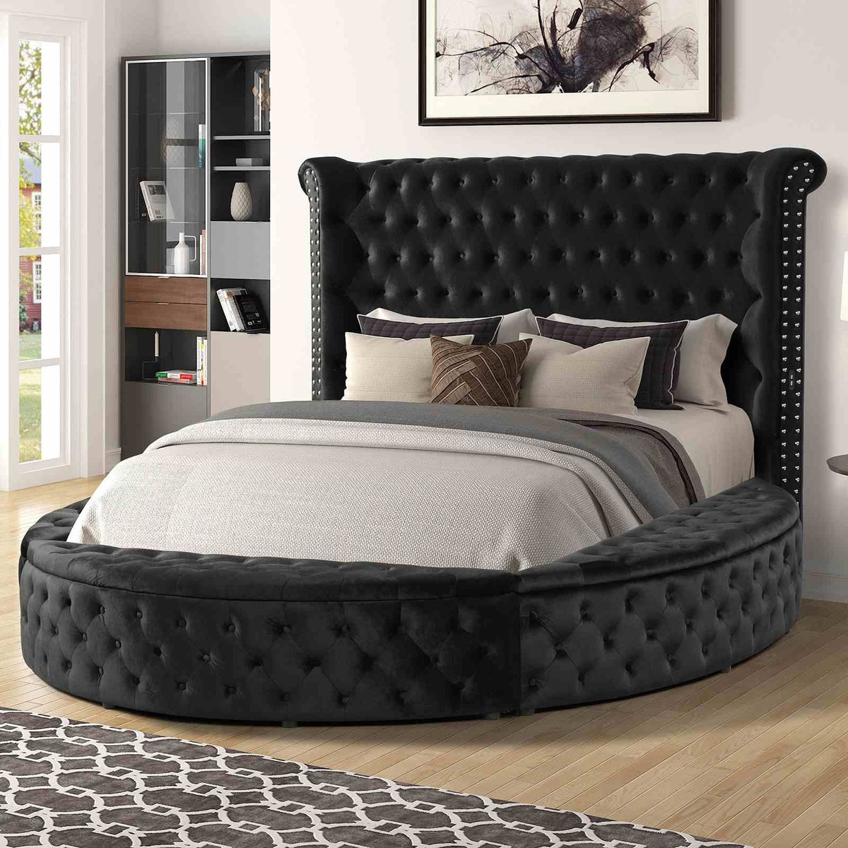 Glam Button Tufted Wingback Round Bed With Storage And USB Ports by Unique Piece Furniture