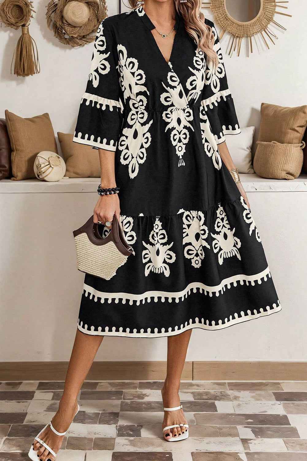 Black Western Geometric Print 3/4 Sleeve Loose Midi Dress by Wild and Free Boutique
