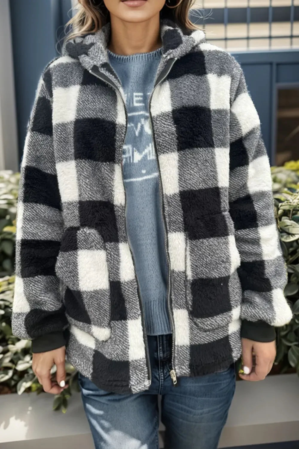 Double Take Full Size Plaid Long Sleeve Hooded Coat by Wild and Free Boutique