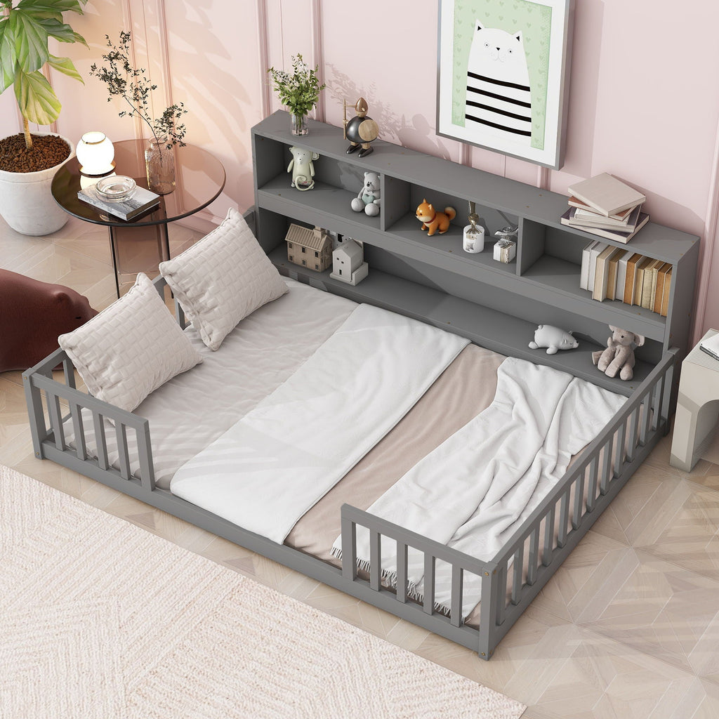Floor Bed With Side Bookcase, Shelves, Guardrails by Unique Piece Furniture