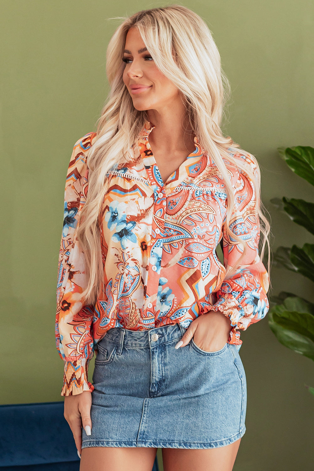 Orange Floral Print Shirred Cuff Buttoned Loose Shirt by Dear-Lover Dropshipping