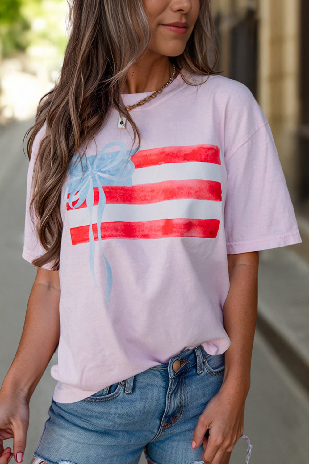 Light Pink Flag Bow Graphic Crewneck Tee by Dear-Lover Dropshipping