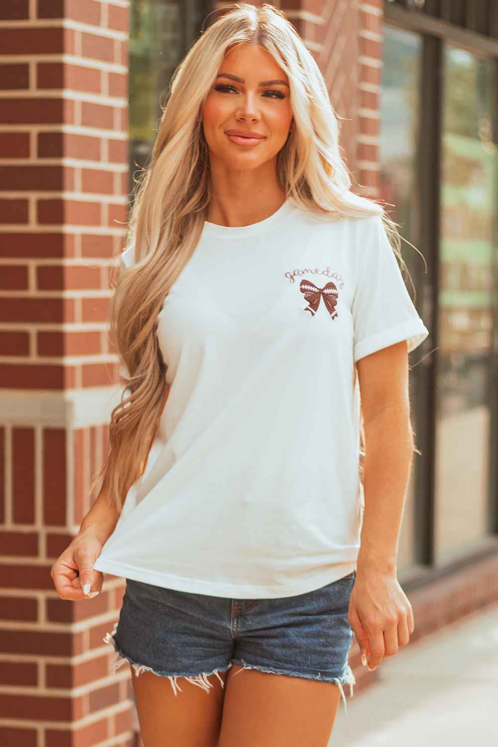 White Game Day Bowknot Embroidered Graphic Casual Tee by Wild and Free Boutique