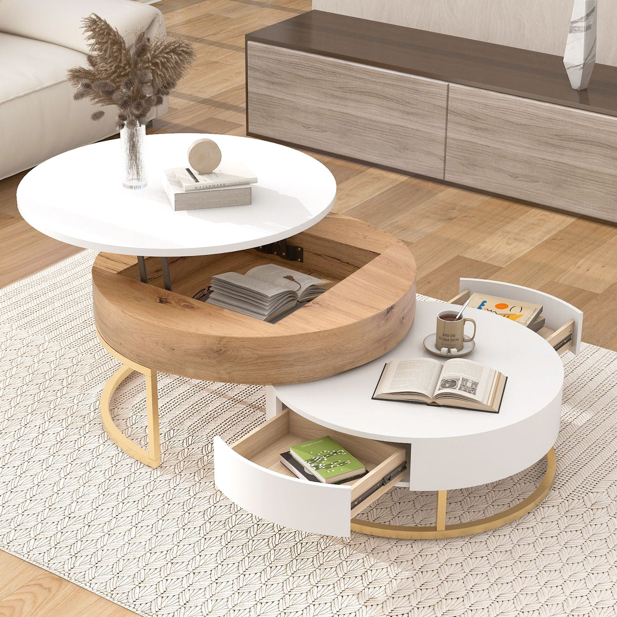 Modern Round Lift-Top Nesting Coffee Tables With 2 Drawers by Unique Piece Furniture