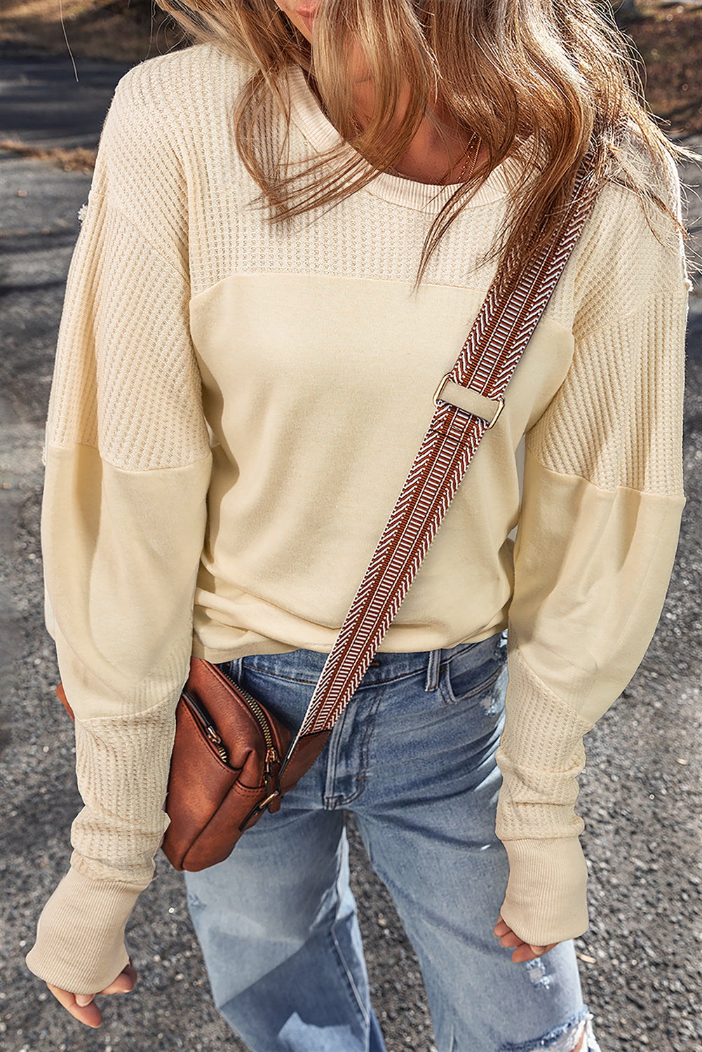 Beige Thermal Knit Patchwork Exposed Seam Long Sleeve Top by Dear-Lover Dropshipping
