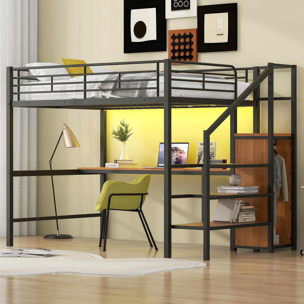 Loft Bed With Desk, Storage Staircase, Small Wardrobe And LED Light by Unique Piece Furniture