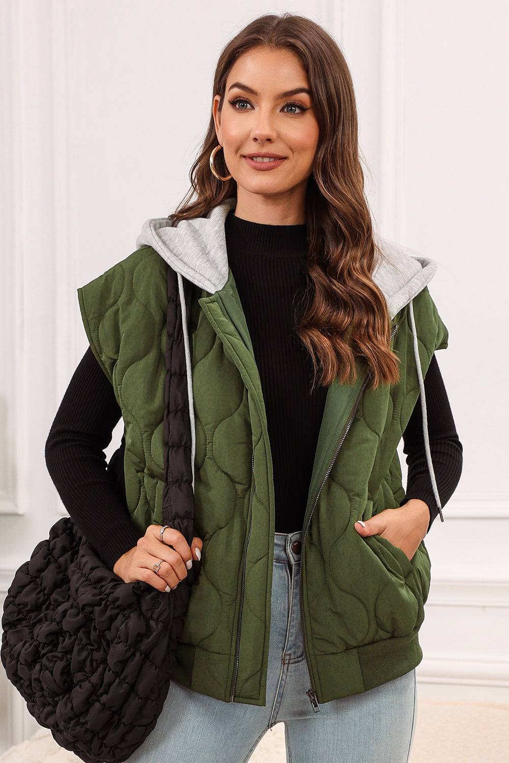 Drawstring Zip Up Hooded Vest Coat by Wild and Free Boutique