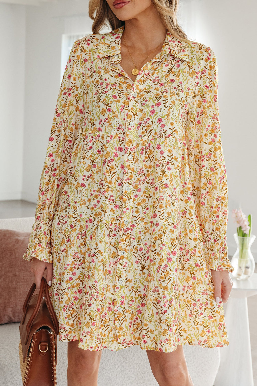 Yellow Floral Print Frilly Trim Smocked Cuff Long Sleeve Loose Shirt Dress by Wild and Free Boutique