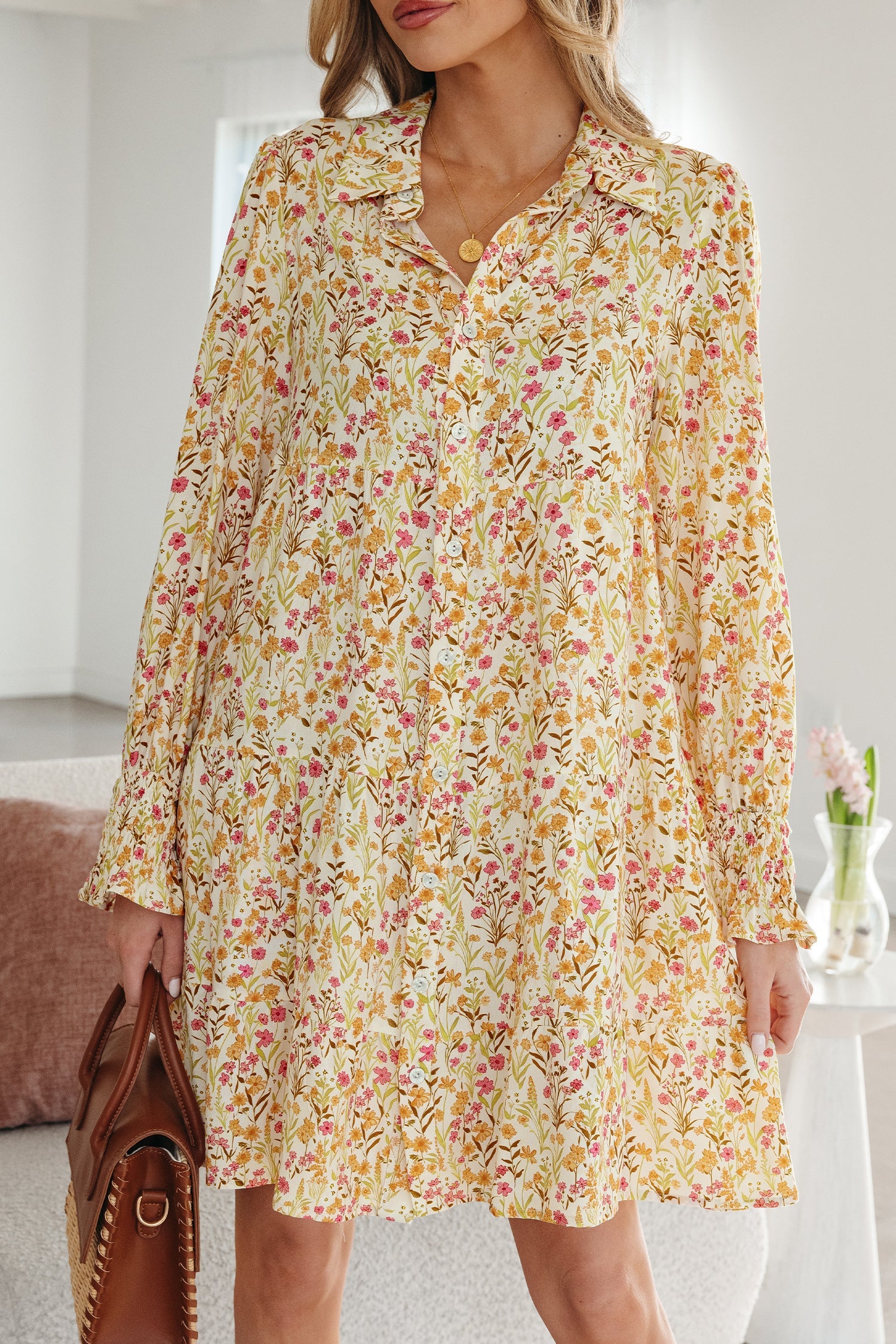 Yellow Floral Print Frilly Trim Smocked Cuff Long Sleeve Loose Shirt Dress by Wild and Free Boutique