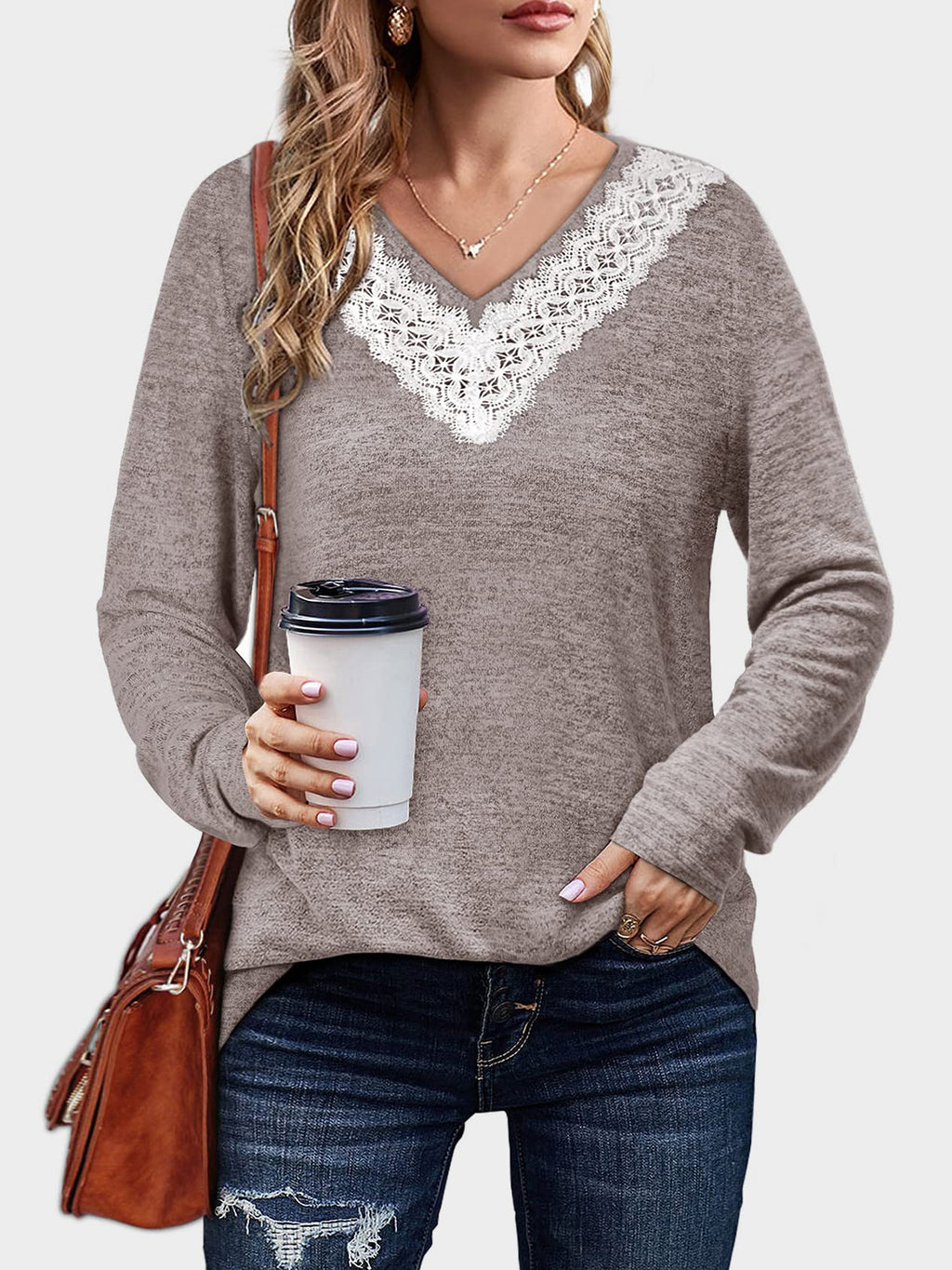 Lace Detail V-Neck Long Sleeve T-Shirt by Wild and Free Boutique