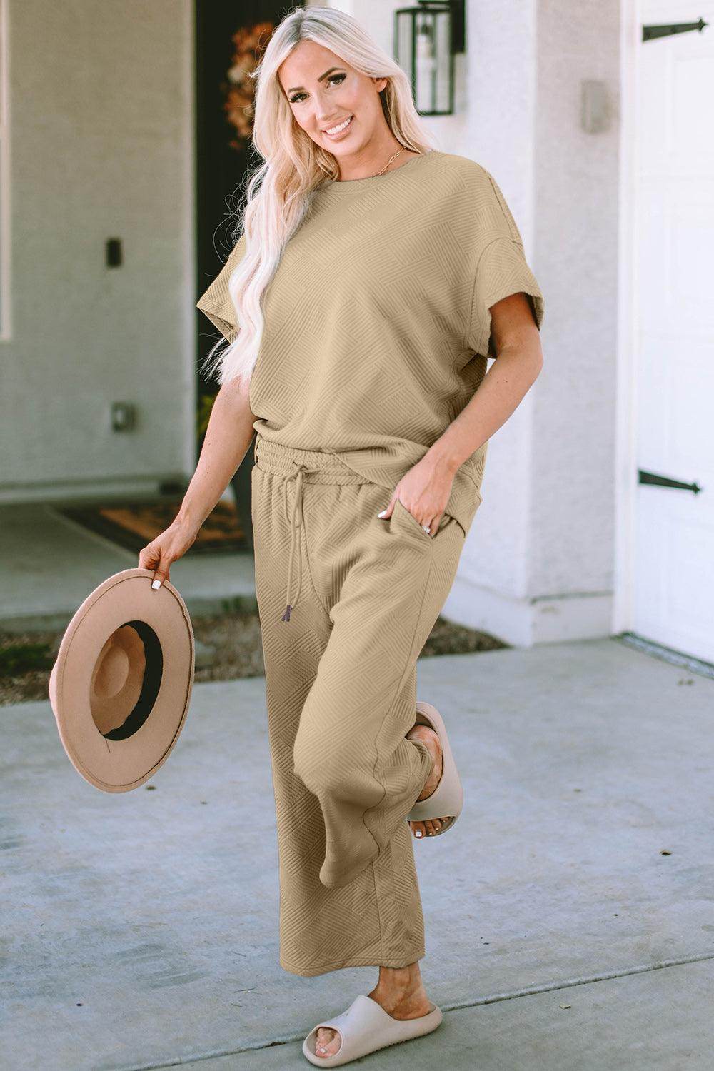 Double Take Full Size Texture Top and Pants Set for Women by Selvanelle