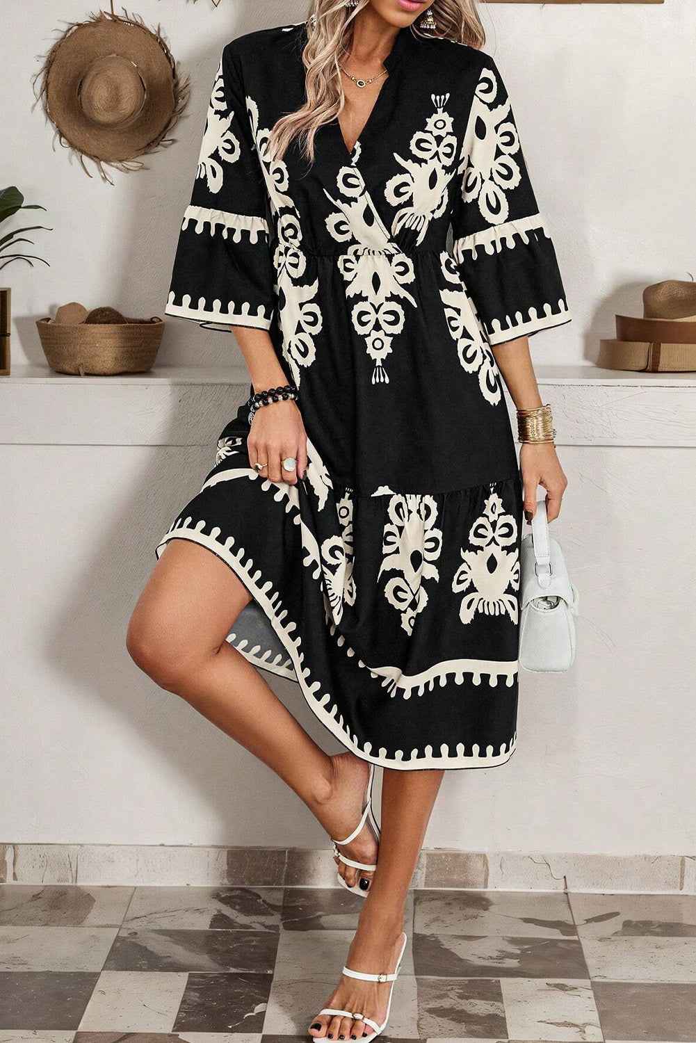 Black Western Geometric Print 3/4 Sleeve Loose Midi Dress by Wild and Free Boutique