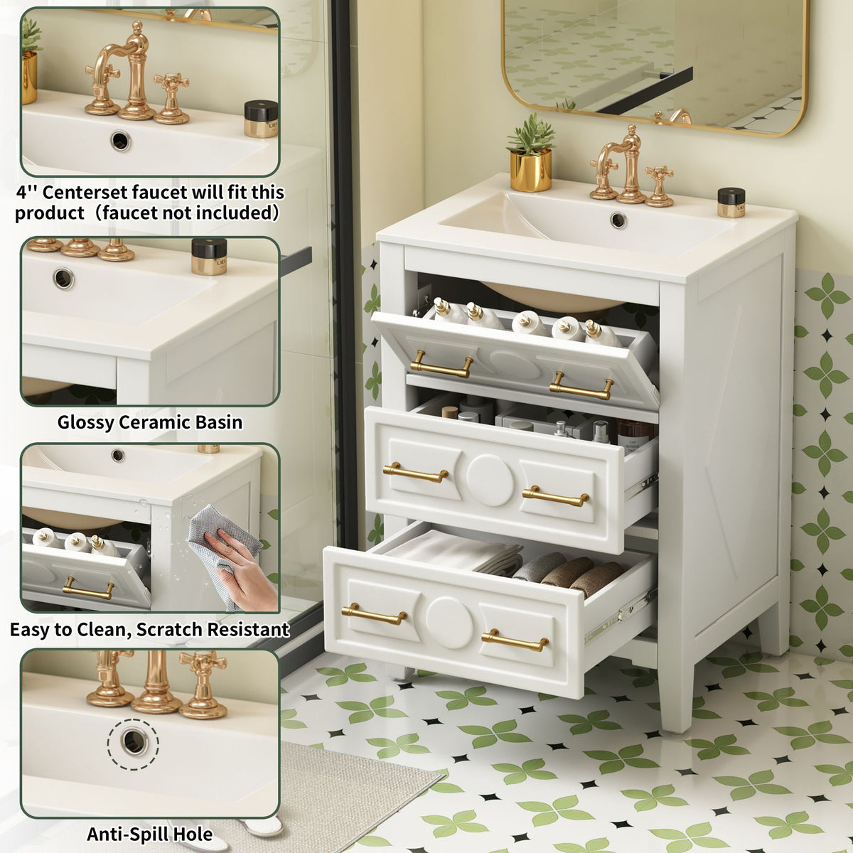 Bathroom Vanity With Sink, Free Standing Single Set, 3 Drawer Storage Cabinet by Unique Piece Furniture