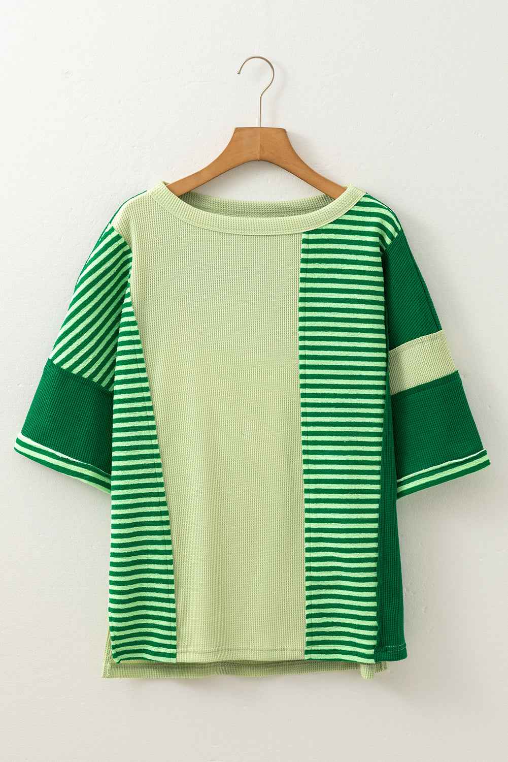 Mint Green Striped Patchwork Textured Colorblock 3/4 Sleeve Knit Top by Wild and Free Boutique