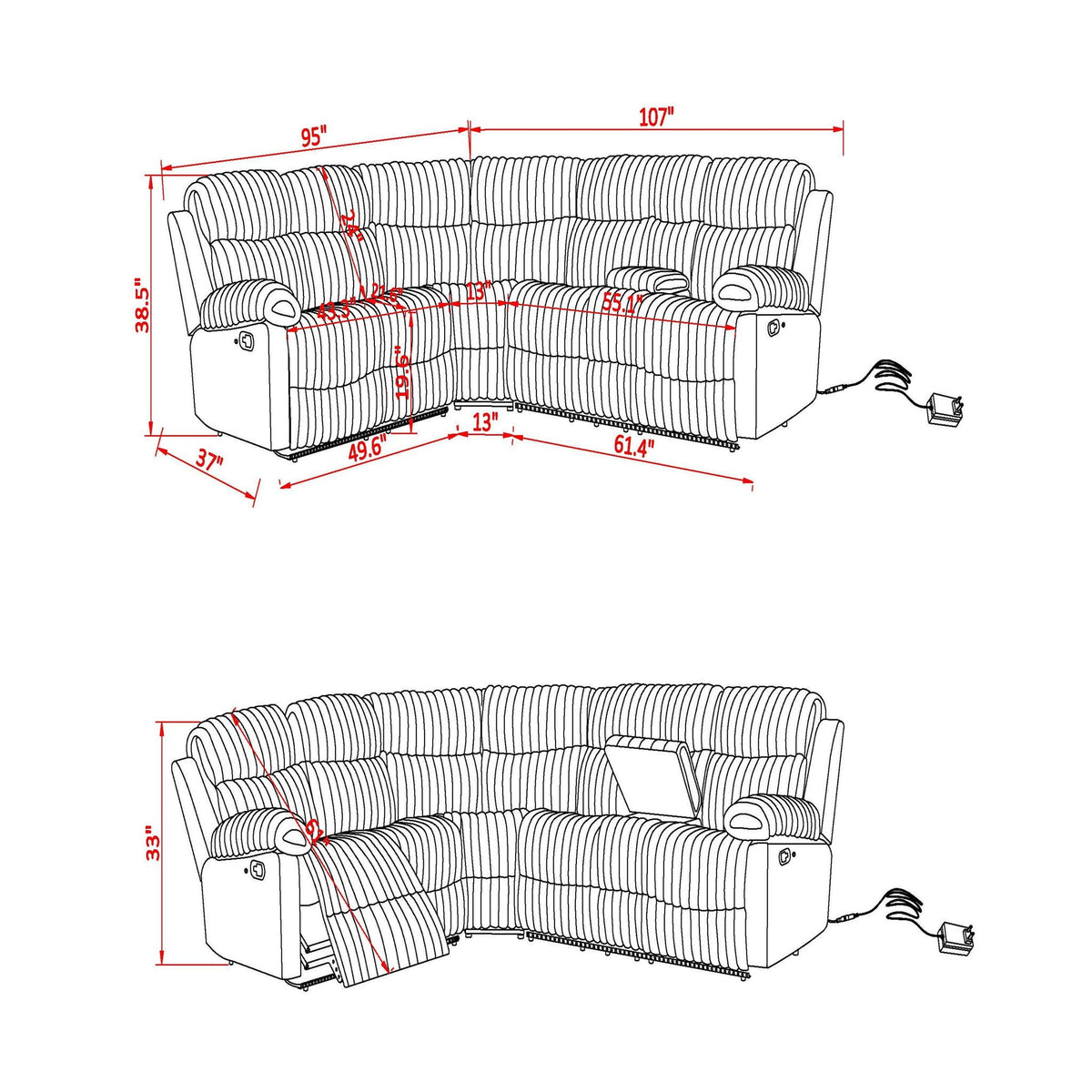 Bruni - Sectional Sofa With LED Lighting And Manual Recline - Gray by Unique Piece Furniture