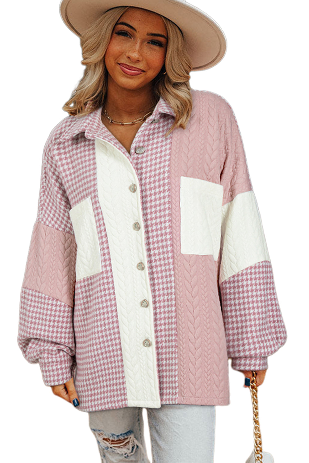 Pink Houndstooth Textured Patchwork Loose Shacket by Wild and Free Boutique