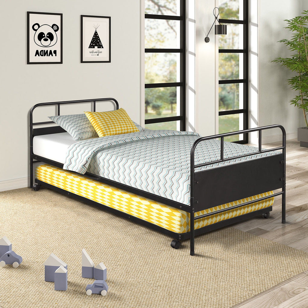 Twin Size Daybed Platform Bed Frame With Trundle Built In Casters - Black by Unique Piece Furniture