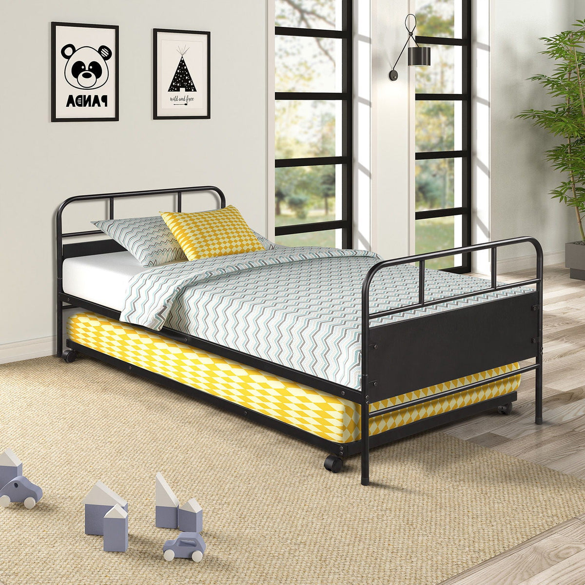 Twin Size Daybed Platform Bed Frame With Trundle Built In Casters - Black by Unique Piece Furniture