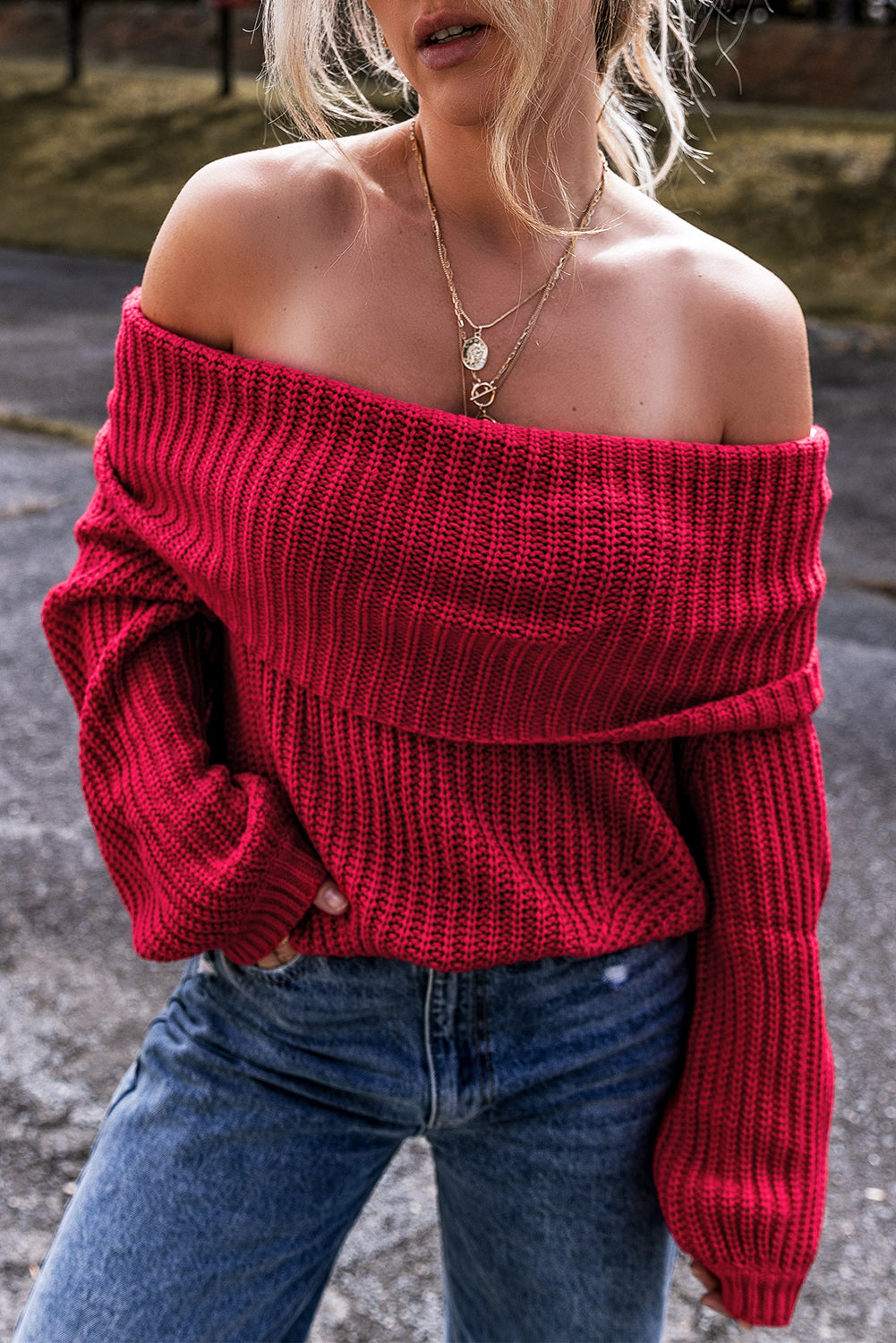 Racing Red Off-the-shoulder Knit Sweater by Dear-Lover Dropshipping