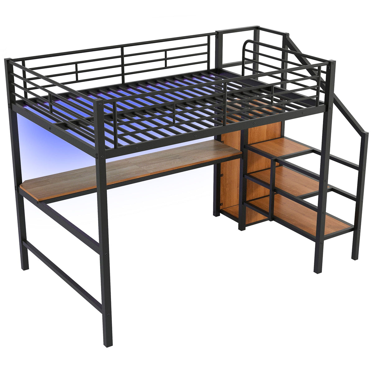 Loft Bed With Desk, Storage Staircase, Small Wardrobe And LED Light by Unique Piece Furniture