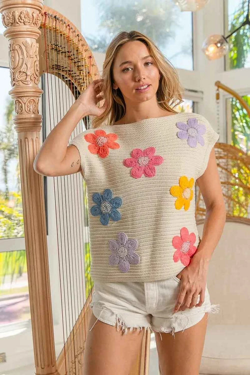 BiBi Multi Jeweled Crochet Flower Patch Sweater Vest by Wild and Free Boutique