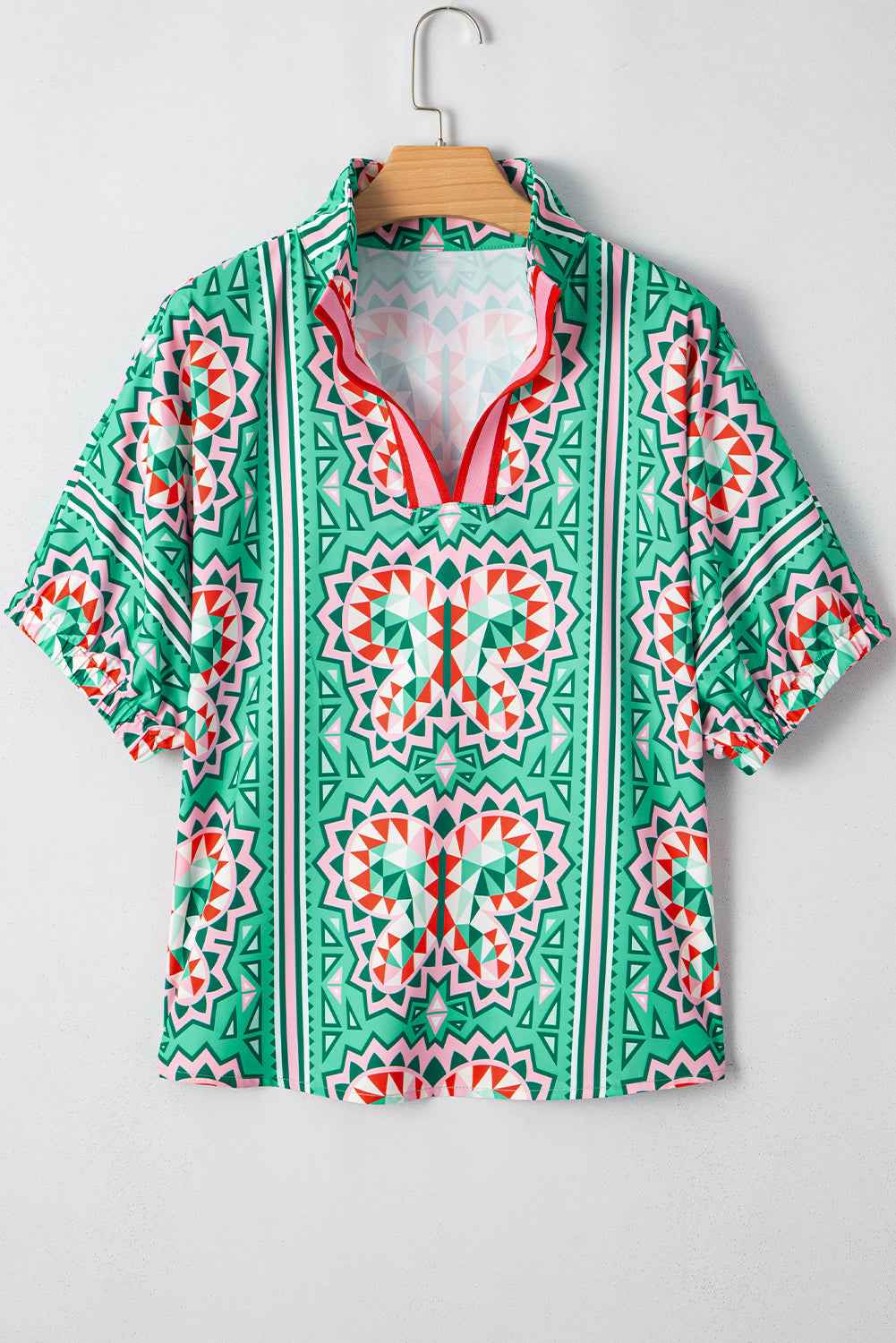 Sea Green Boho Abstract Print Contrast Striped Collared V Neck Blouse by Wild and Free Boutique