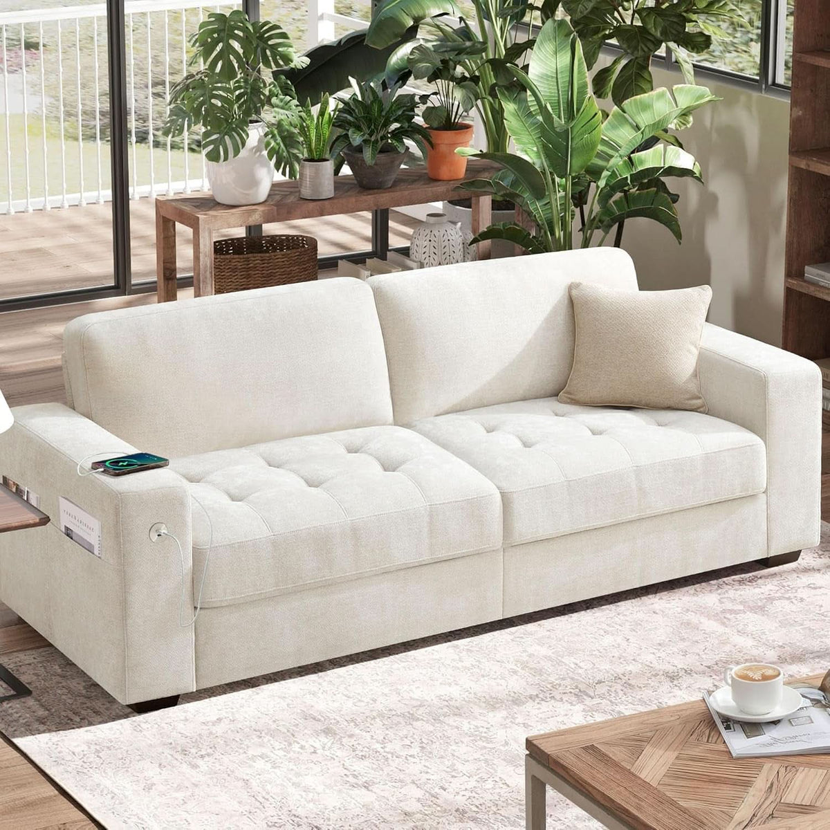 70 Inch Gray Chenille Loveseat With USB C Ports And Plush Cushions by ShipItFurniture