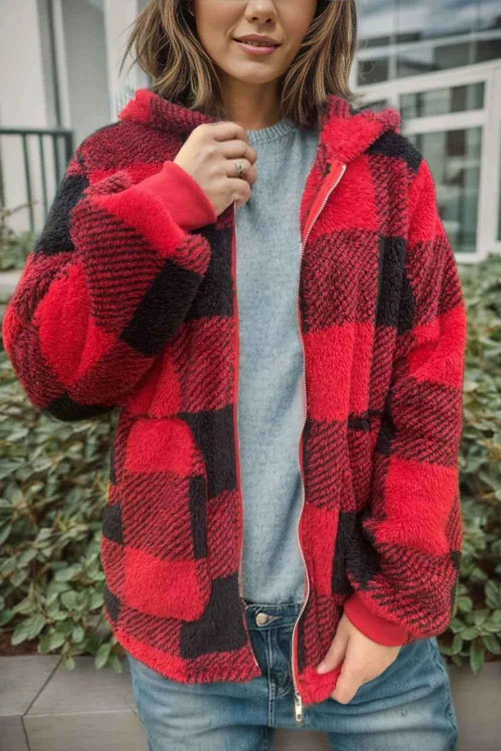 Double Take Full Size Plaid Long Sleeve Hooded Coat by Wild and Free Boutique