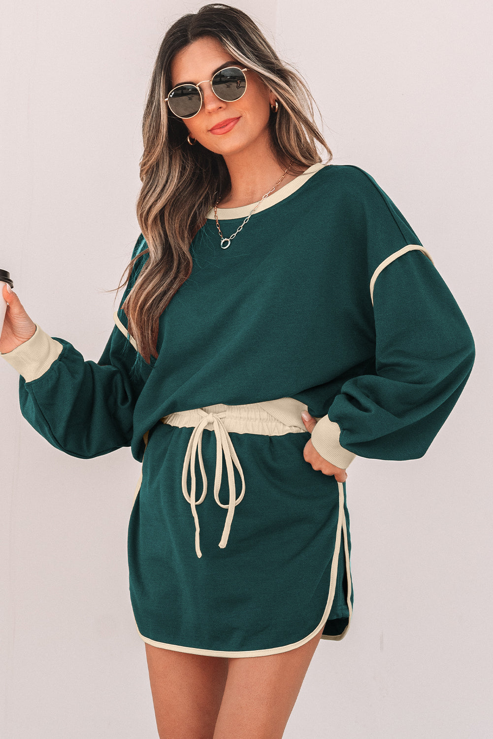 Black Color Contrast Loose Pullover and Lace-up Waist Skort Set by Dear-Lover Dropshipping
