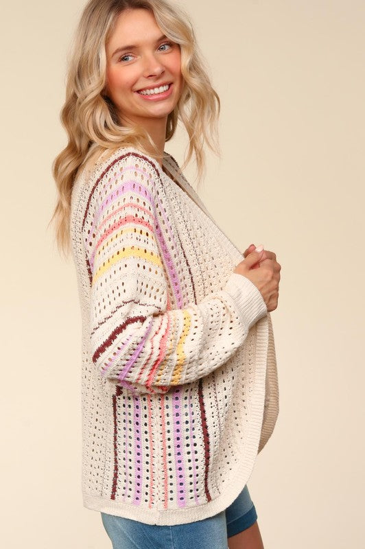 Haptics Full Size Striped Crochet Open Front Cardigan by Wild and Free Boutique